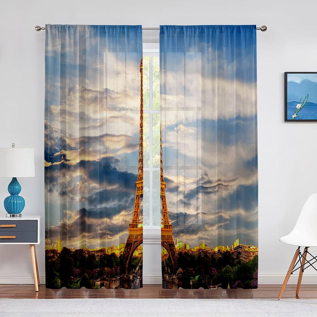 Paris Eiffel Tower Trees European City Landscape Voile Curtain Window Treatment Tulle Curtains for Living Room Sheer Curtains