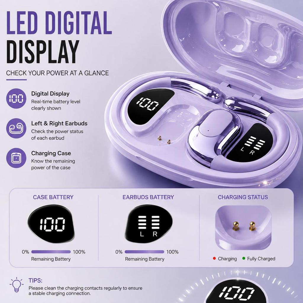 Open Ear Wireless Headphones Bluetooth 5.4, Comfortable Lightweight Earphones with LED Display, Touch Control & Type-C Charging