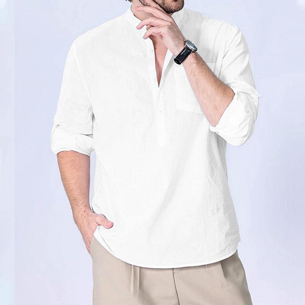 Men's Long-sleeved Vacation Shirt, Casual Life with Pocket Solid Color Cotton Long-sleeved Button Henry Shirt