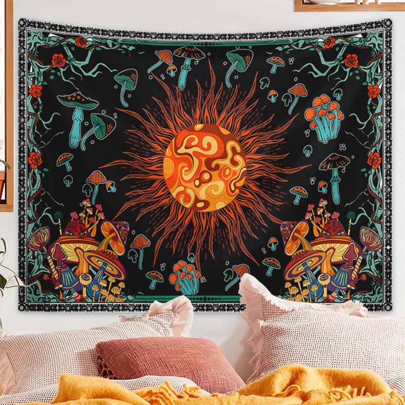 A Large Fantasy Mandala Flower And Plant Tapestry Adorned With Eyes And a Background Cloth Burning In The Sun home decoration