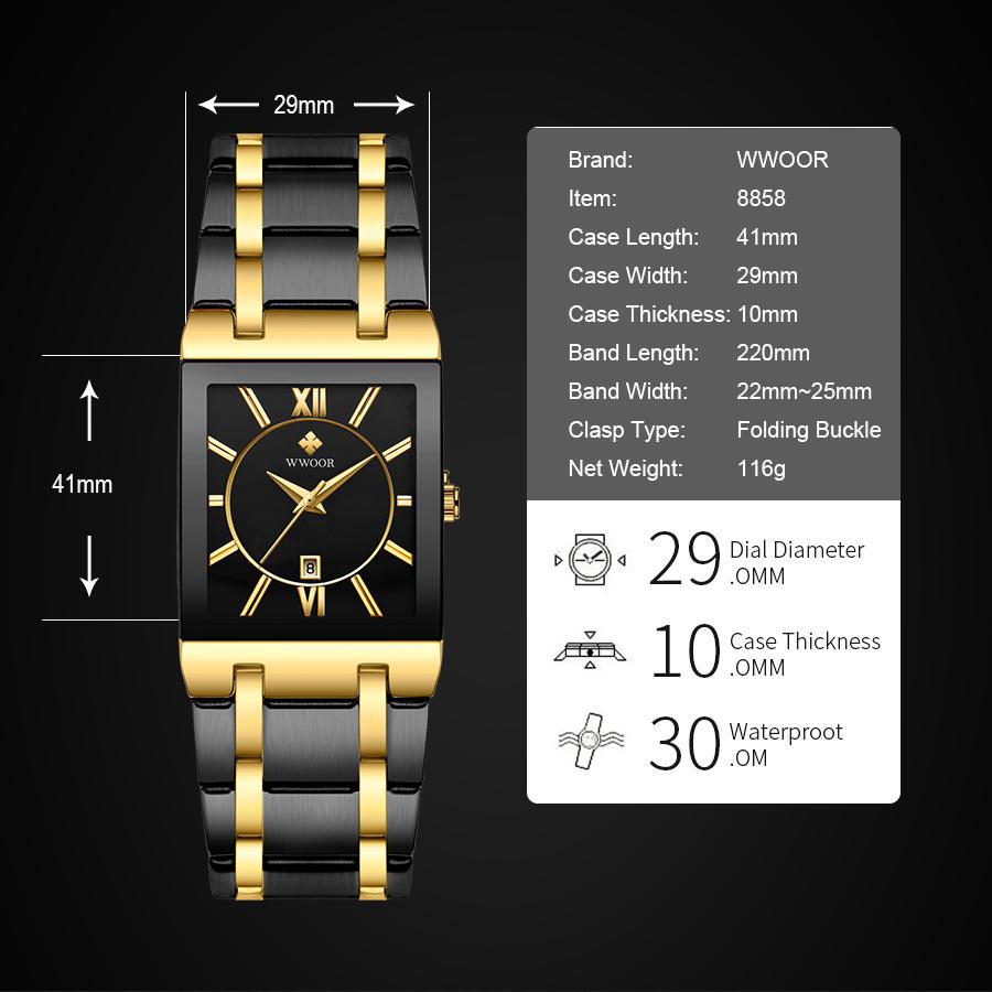 WWOOR Brand Luxury Gold Bracelet Men's Watches Fashion Square Quartz Wrist Watch For Men Stainless Steel Waterproof Reloj Hombre