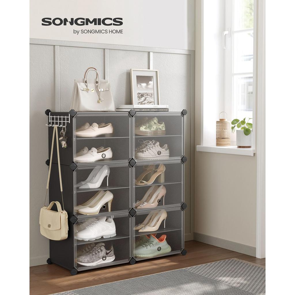 SONGMICS Interlocking Shoe Rack, Plastic Shoe Storage Cabinet, 6-Slot Modular Storage Organiser Unit, 30 x 40 x 30 cm for Each Slot, with Doors