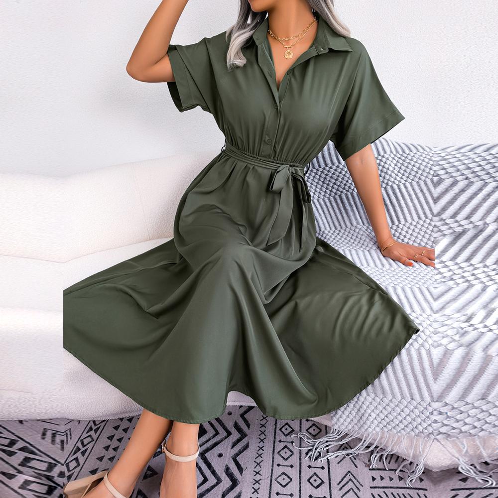 Women New Spring Summer Casual Loose Solid Color Lace Up Shirt Skirt Lapel Neck Button Dress