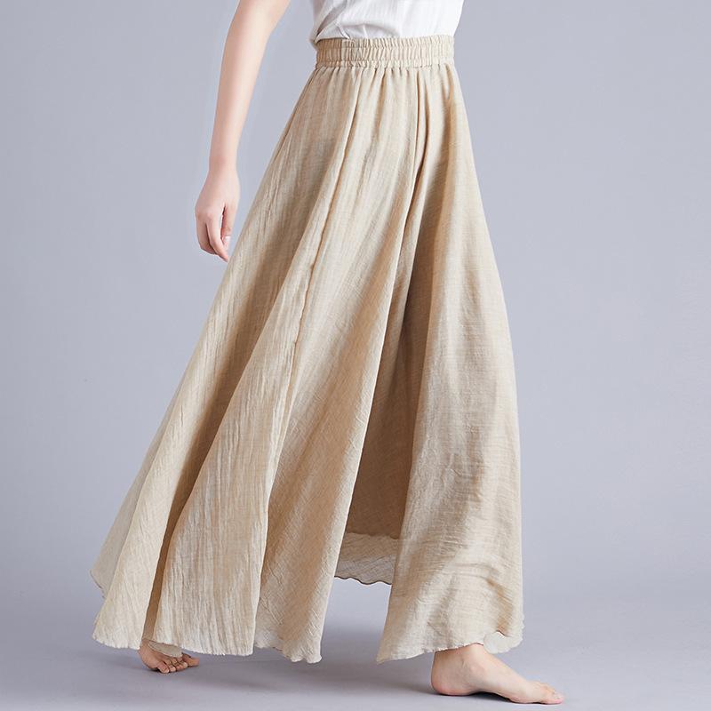 Literary Elastic Waist A-line Expansion Skirt Solid Color Ethnic Style Women Long Skirts