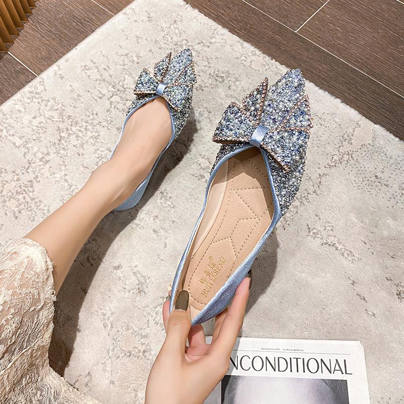 Fashion Women Flat 2025 Elegant Fashion Women Flat Fashion Ballet Shoes Bling Crystal Bow Tie Pointed Toe Flats Shoes Lady Shiny Flat