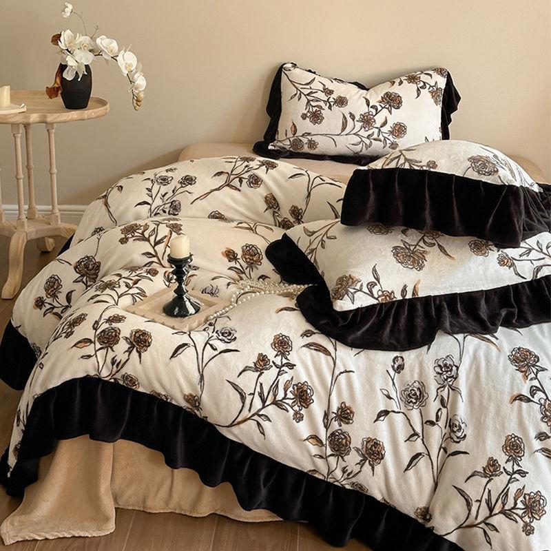 G5Z Melkfluweel & Kant Beddengoed Set: Verdikte Vierdelige Flanel & Koraalvlies, Dubbelzijdig met Dekbedovertrek.