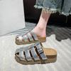 Fashion 2025 Women's Baotou Slippers Summer New Round Toe Cutout Woven Metal Buckle Strap Anti-slip Wear-resistant Flats