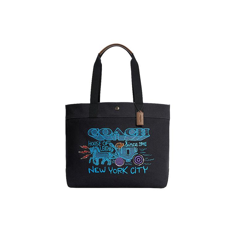 

New COACH Tote Cotton With Calfskin Tote Bag, Shopping Bag, Shoulder Bag Large Unisex Dark Blue C5407-QBF23 38.1*18.0*34.0CM