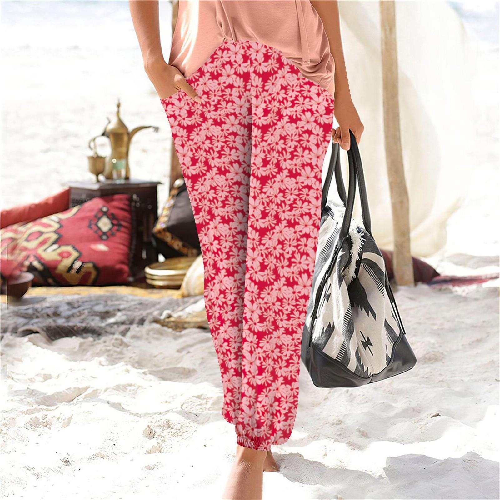 

Женские летние свободные повседневные широкие брюки с эластичной резинкой на талии и брюками XL розовый