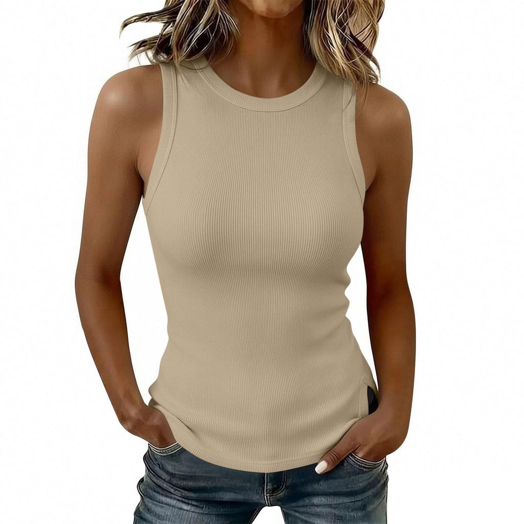 Women Sleeveless Tank Top Slim Fit Ribbed Knit Round Neck Split Hem Casual Summer Shirt