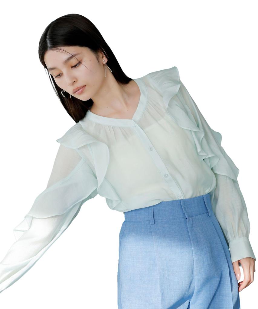 Ruffled Frill Light Green Front and Back [BIS] Women's Blouse, (33), 2-Way