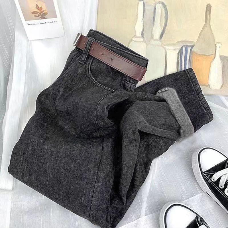 

Бархатные Теплые Джинсы-папа с высокой посадкой Женские Осенне-зимние Свободные Широкие Штаны-гарем Морковь Шик 2XL чёрный/серый