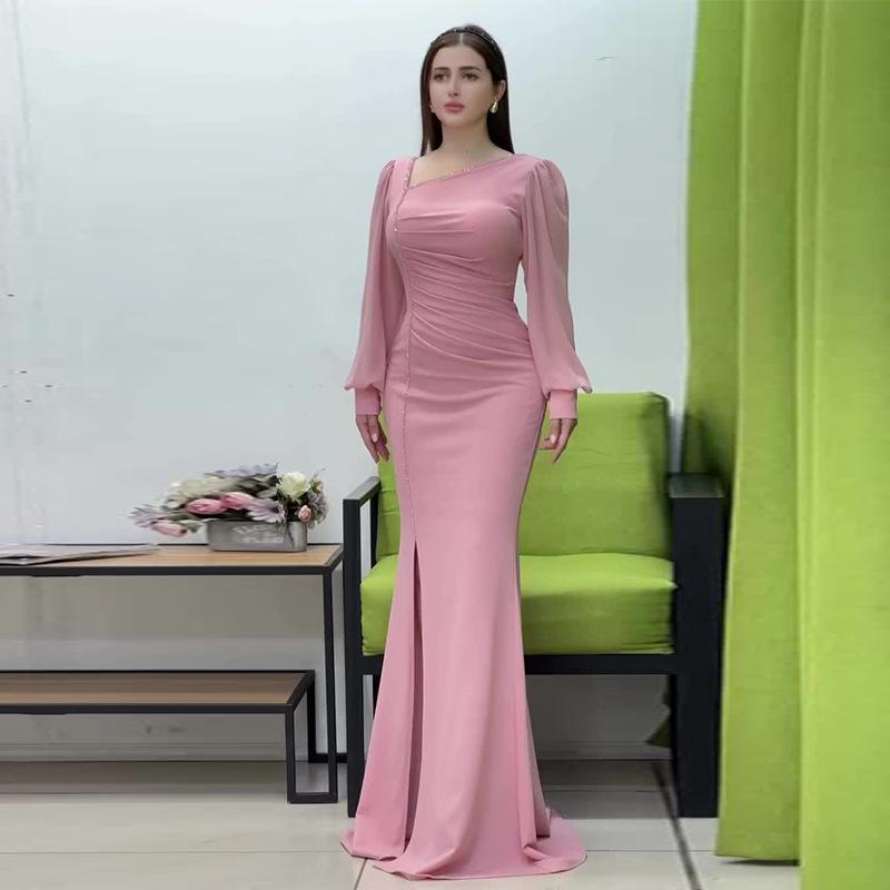 

2024 Осень Женское Платье Чистое Желание Асимметричный Вырез Приталенное Годе Платье-кондон S розовый