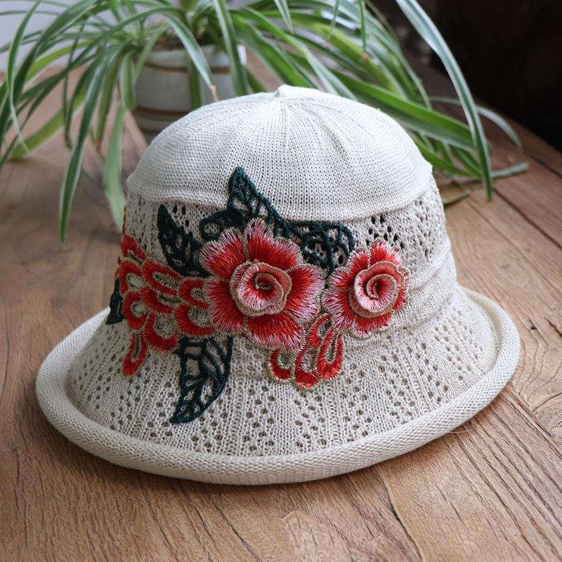 Vår og sommer etnisk vind broderi blomst sammenleggbar hatt dame strikkelue sandbøttehatt