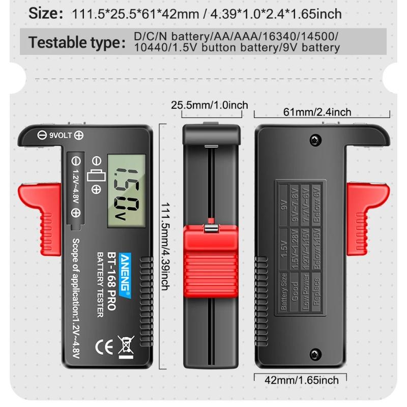 Tester de Baterii Portabil ANENG 168PRO Indicator Nivel Baterie Capacitate Tester Universal Analizoare de Sarcină Tester Baterii Buton Litiu 1.5-4.8V/9V Universal