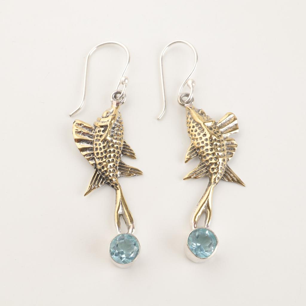 Natural Sky Blue Topaz Gemstone 925 Sterling Silver Handmade Hook Earrings 2.17" EE-148-2