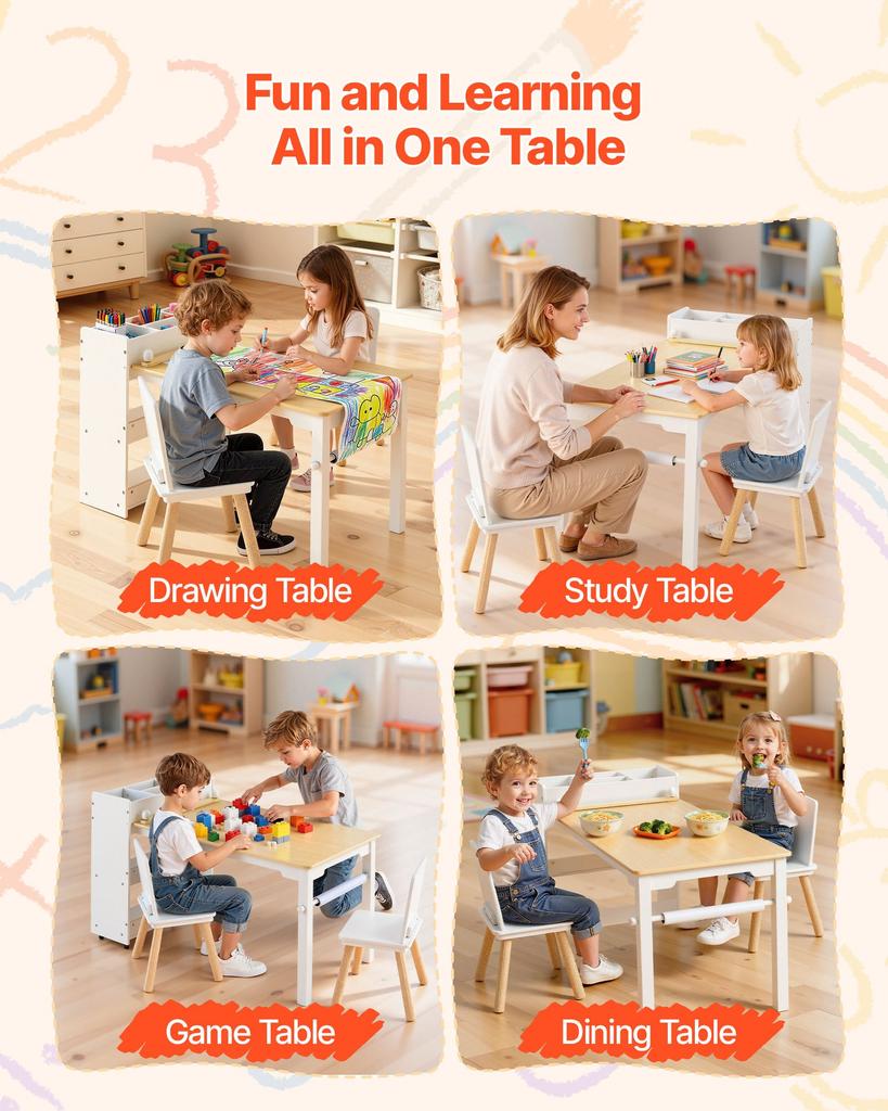 VEVOR Set Tavolo e Sedia per Bambini, Tavolo per Lavoretti per Bambini Piccoli con Mobiletto a 3 Ripiani, Scrivania Gioco Attività in Legno per Bambini con 2 Sedie