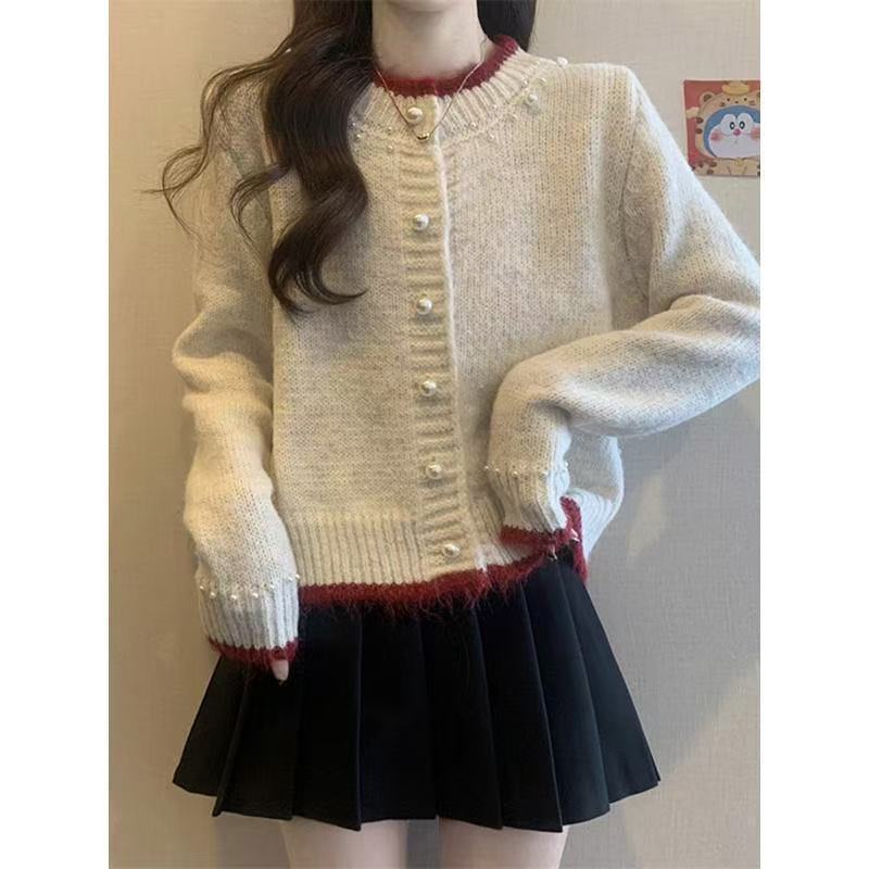 Short sweater jacket women's spring and autumn knitted cardigan button design color matching apricot top new love