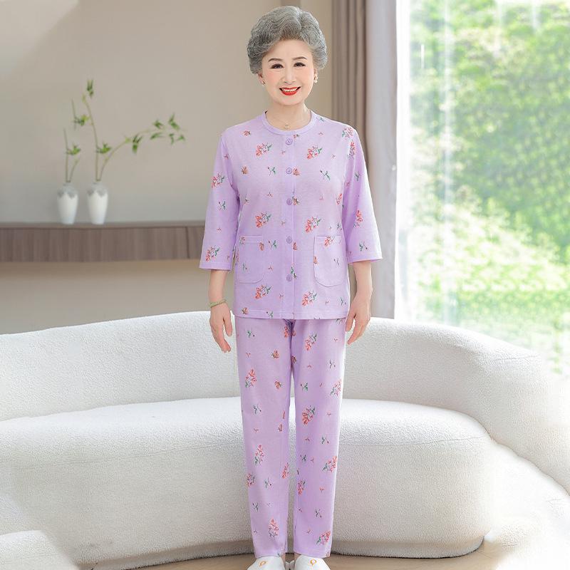 

Grandma s Cotton Pajama Set for Women - Lightweight, Long-Sleeved Top for Middle-Aged and Elderly (70s & 80s) XL (80-95 jin) світло-фіолетового кольору