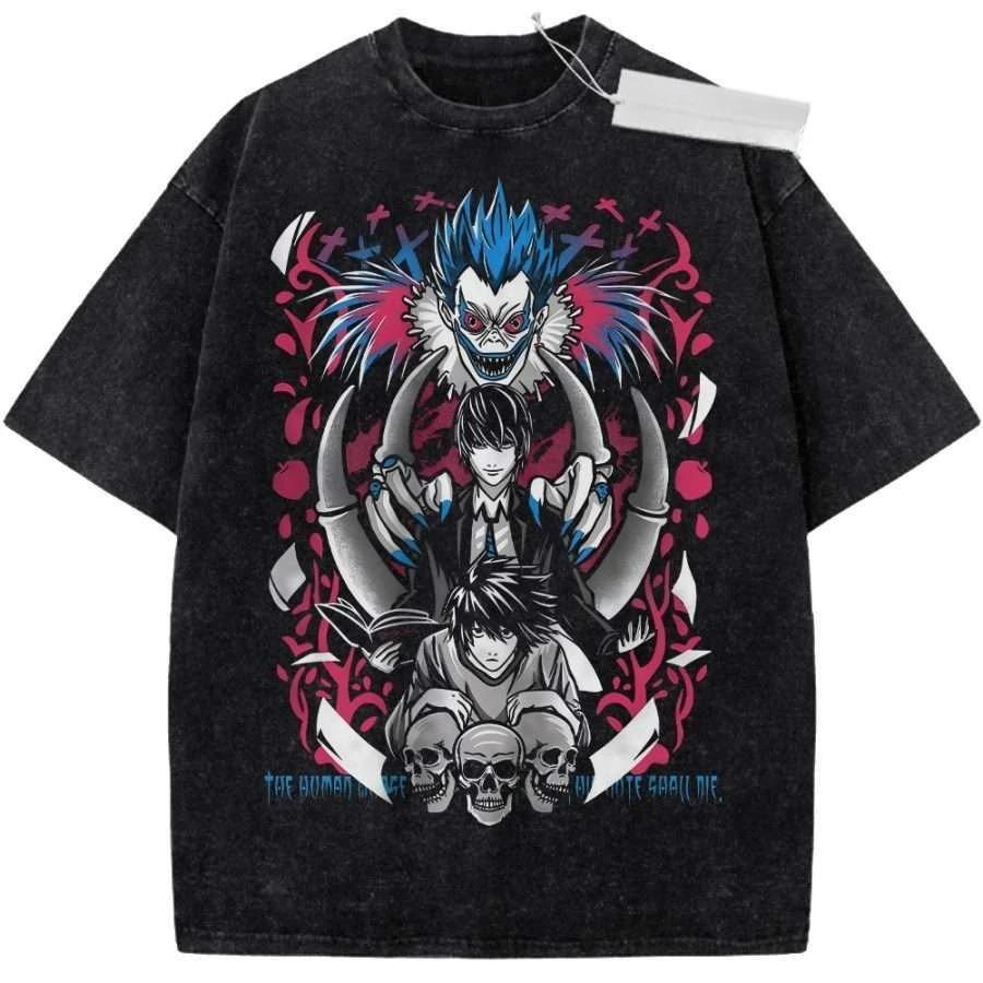 Death Note Manga Series Character Collage Graphic Oversized Vintage Washed Streetwear T-Shirt Top for Anime & Manga Fans