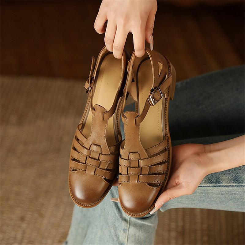Fashion New Summer Sandals Genuine Leather Sandals Casual French Retro Round Toe Hollow Out GLADIATOR Sheepskin Sandals Thick Heel Shoes