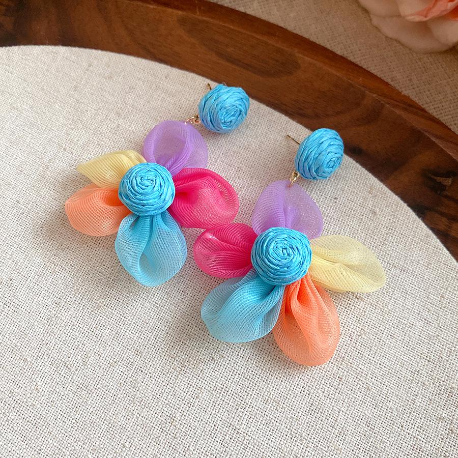 

Silver needle raffia chiffon flower pendant earrings fresh and sweet vacation style earrings niche high-end earrings women