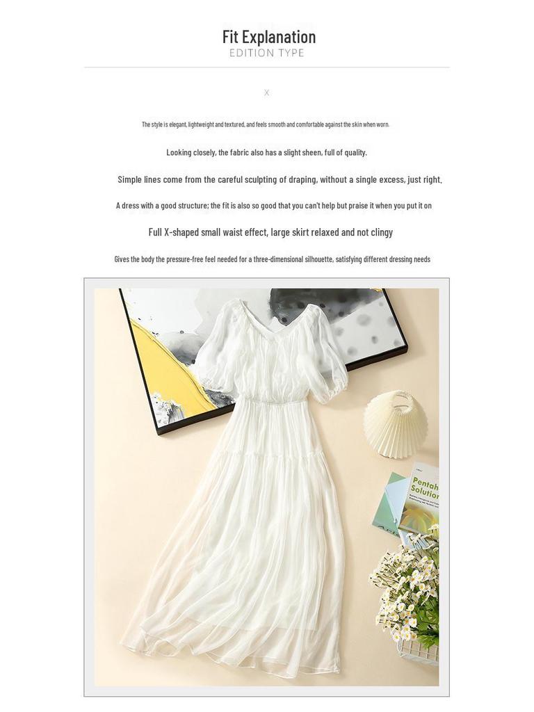 2025 Damen Seidenkleid mit französischen Puffärmeln und V-Ausschnitt