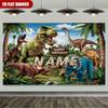 Realistic Dinosaur Birthday Backdrop, Customizable Name Jungle Background with T-Rex & Palm Trees for Boys Room