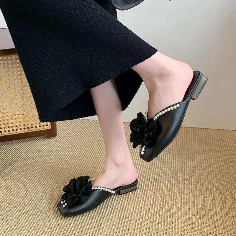 Fashion Women's Slippers and Ladies Sandals Pearl Low Heel Shoes Small Size Stylish Elegant Fashionable New Fashion 2025 Luxury Slides