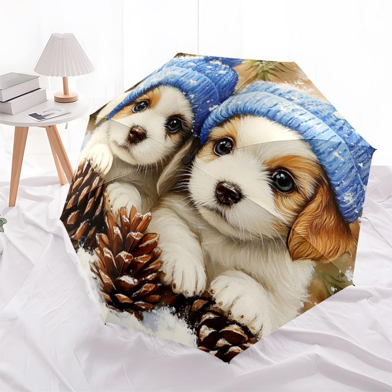 1 Stück Automatischer Faltregenschirm - Süßes Hundemuster, Tragbares & Faltbares Design mit 8 Speichen, Weihnachts- und Geburtstagsgeschenke