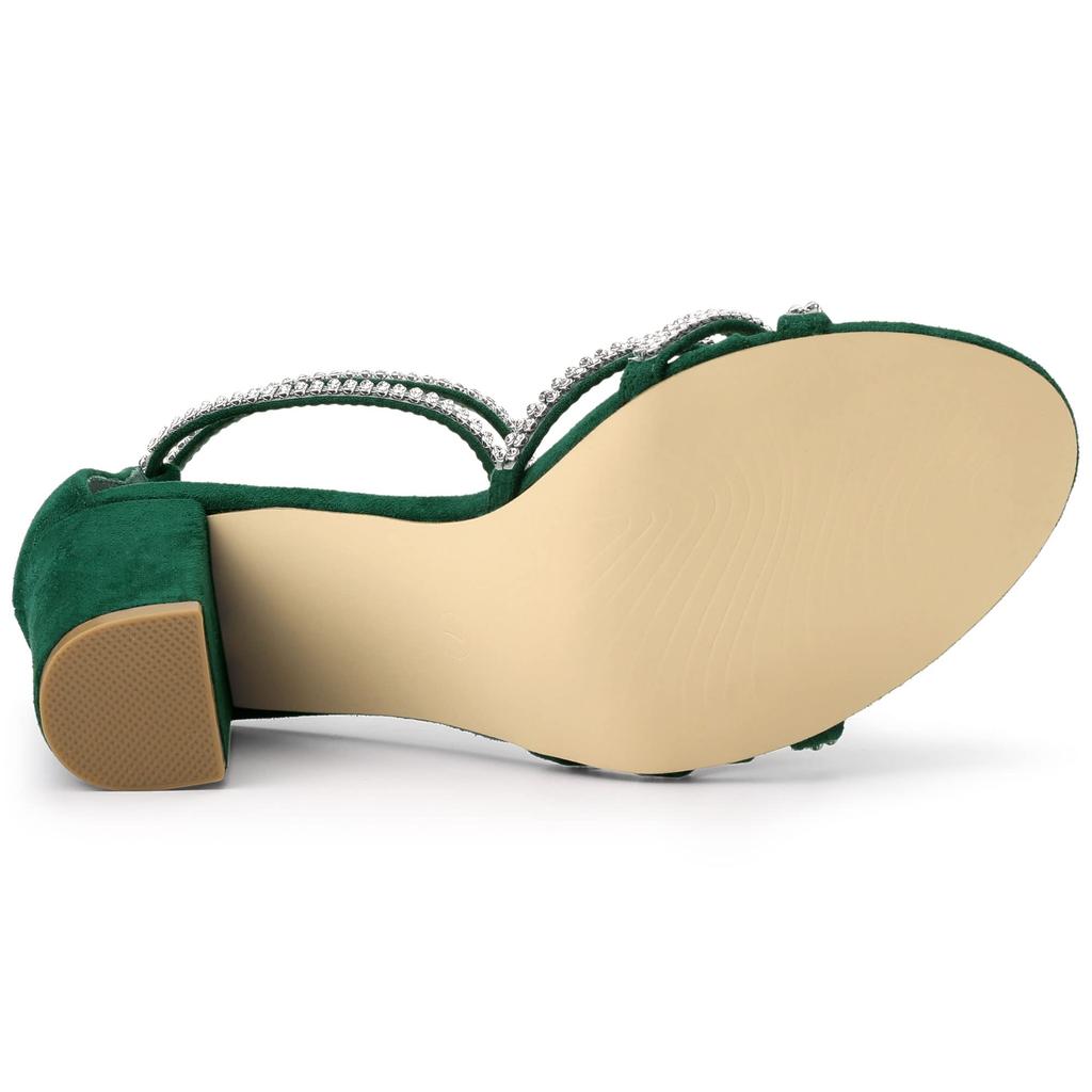 Allegra K Women's Green Ankle Strap Sandals with Rhinestones and Chunky Heels, Size 25.5cm