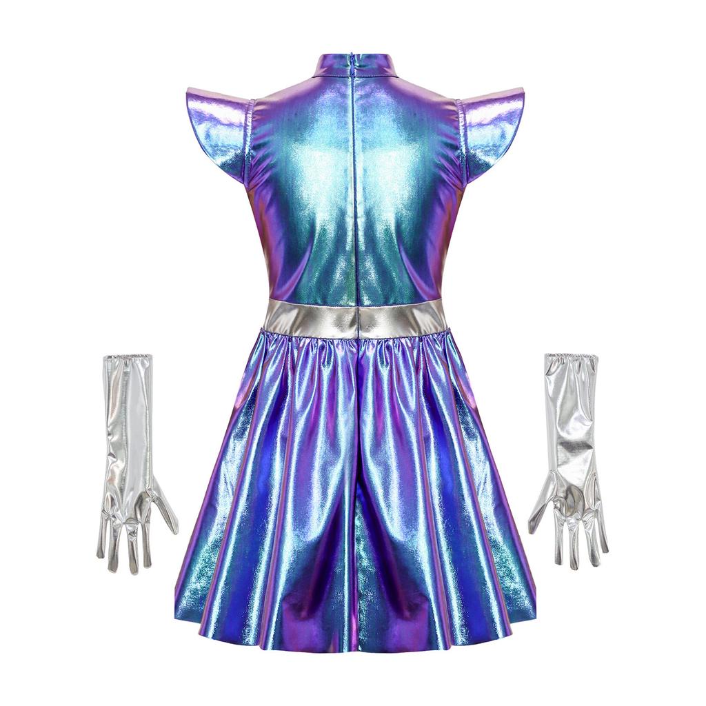 Girls Alien Cosplay Dress Metallic Hollow Out Flying Sleeve Back Zipper Ruffled Dress Gloves Robot Outfit