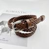 Women's Retro Brown Braided Leather Belt with Silver Needle Buckle - Versatile for Jeans and Casual Wear