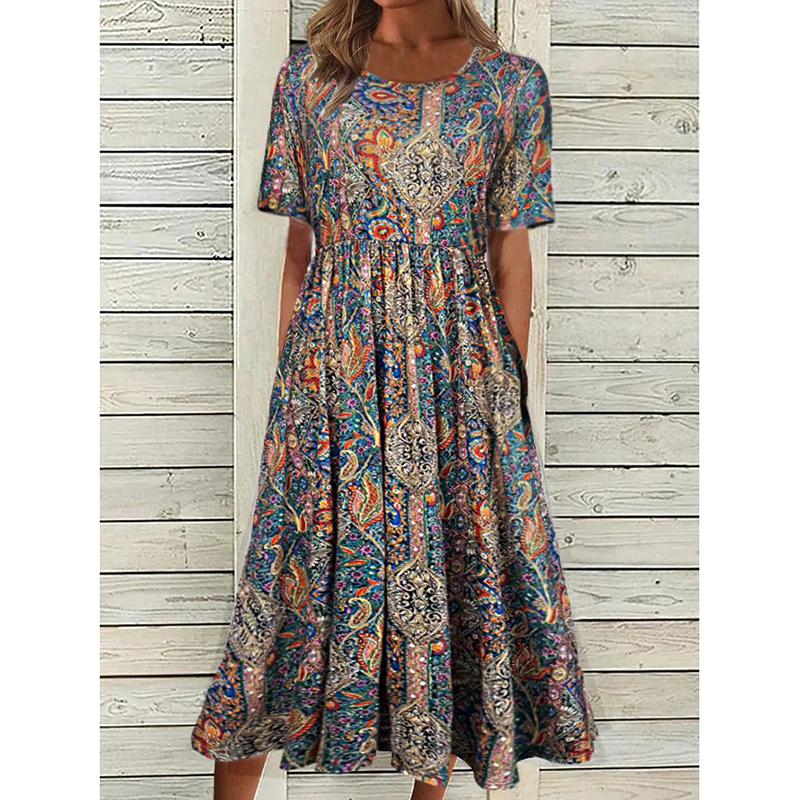 Summer Bohemian Printed Plus Size Women's Dress Fashion Round Neck Short Sleeve Casual Long Dresses Women Elegant A Line Vacation Beach Dress 26653