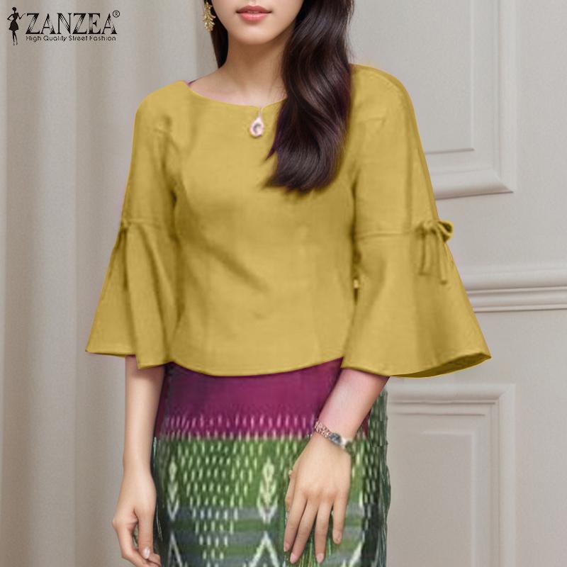 ZANZEA Women Casual Round Neck Solid Color 3/4 Sleeve Blouse