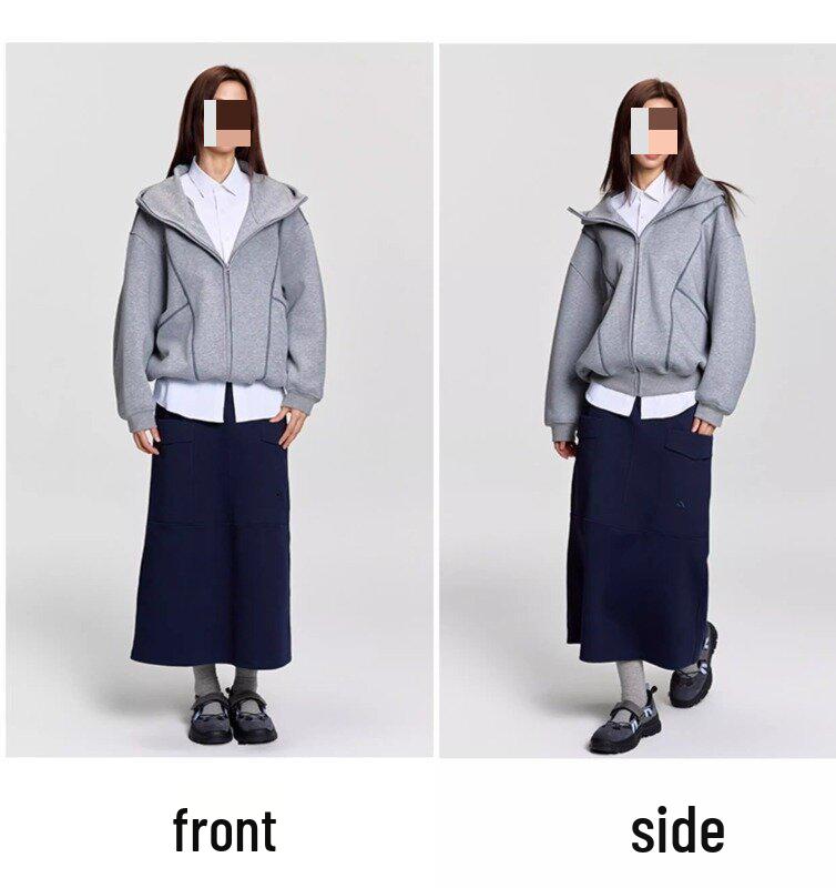 Unisex Trendy Heavyweight Hooded Cardigan with Contrast Stitching