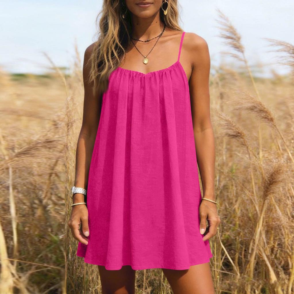 Women's Backless Spaghetti Strap Dress, Sleeveless Thin-strapped Flowy Beach Vacation Short Dress, With Back Tie.