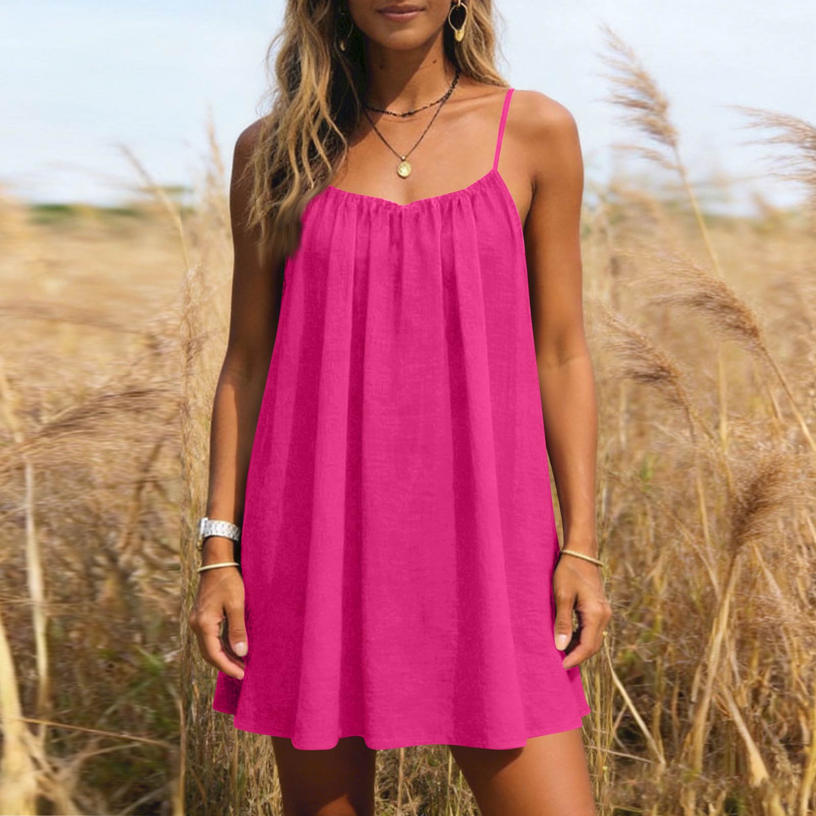 Damen Freizeit Spaghettiträger Minikleid Locker Ärmellos Leicht Sommer Strandkleid für Tägliches Tragen Strandurlaub XL