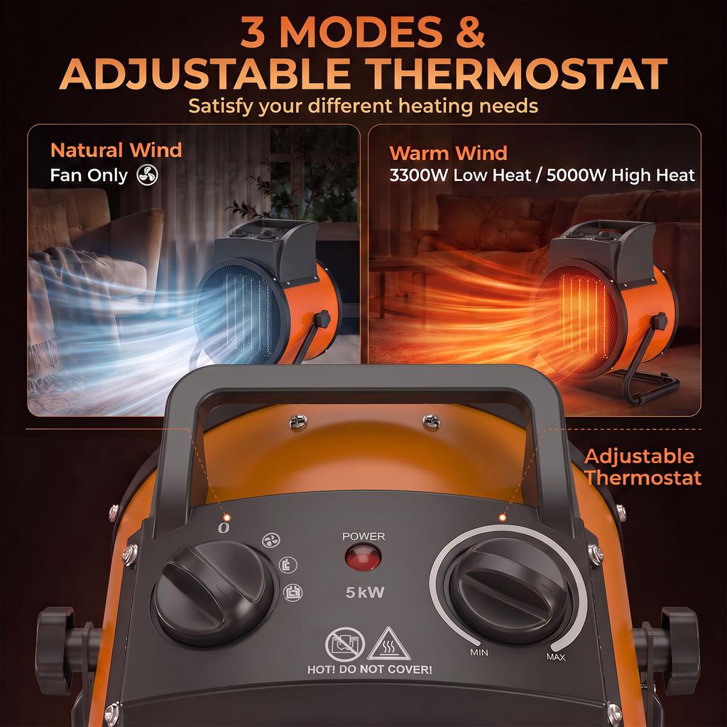 Industrial Fan Heater 5000W with Tilting, Electric Ceramic Space Heater with Adjustable Thermostat, Handle