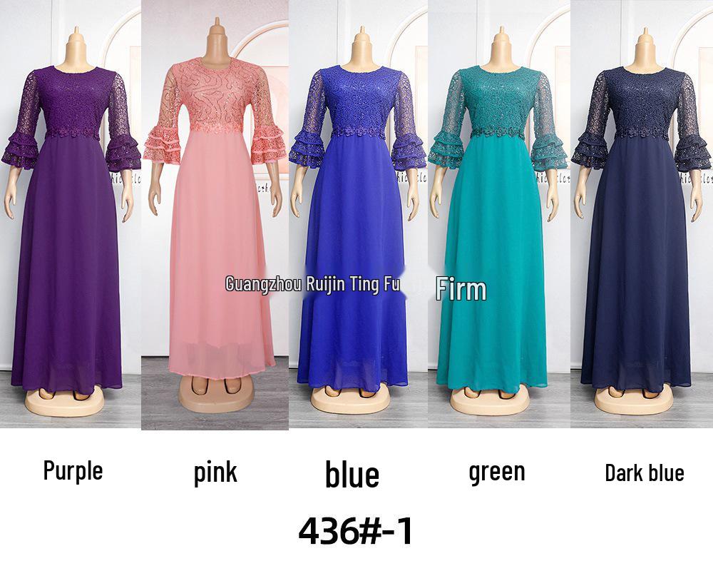 African European Women's Plus Size 2023 New Lace Heavy Work Chiffon Dress