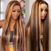 Long Straight Synthetic Wig With Lace Front Brown Ombre Hairpiece Heat-Resistant Fiber Women Natural Look
