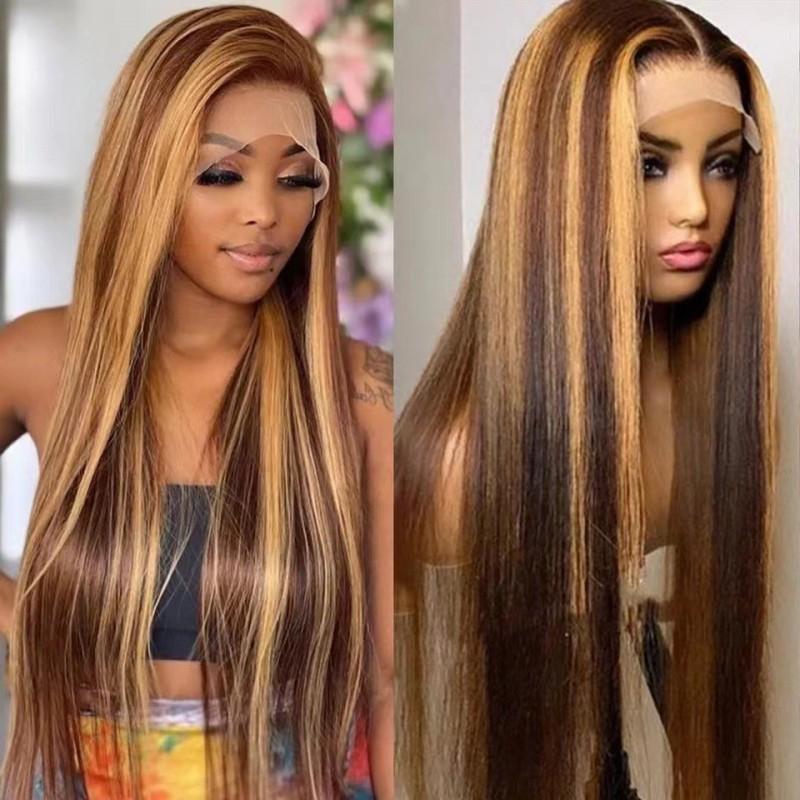 Long Straight Synthetic Wig With Lace Front Brown Ombre Hairpiece Heat-Resistant Fiber Women Natural Look