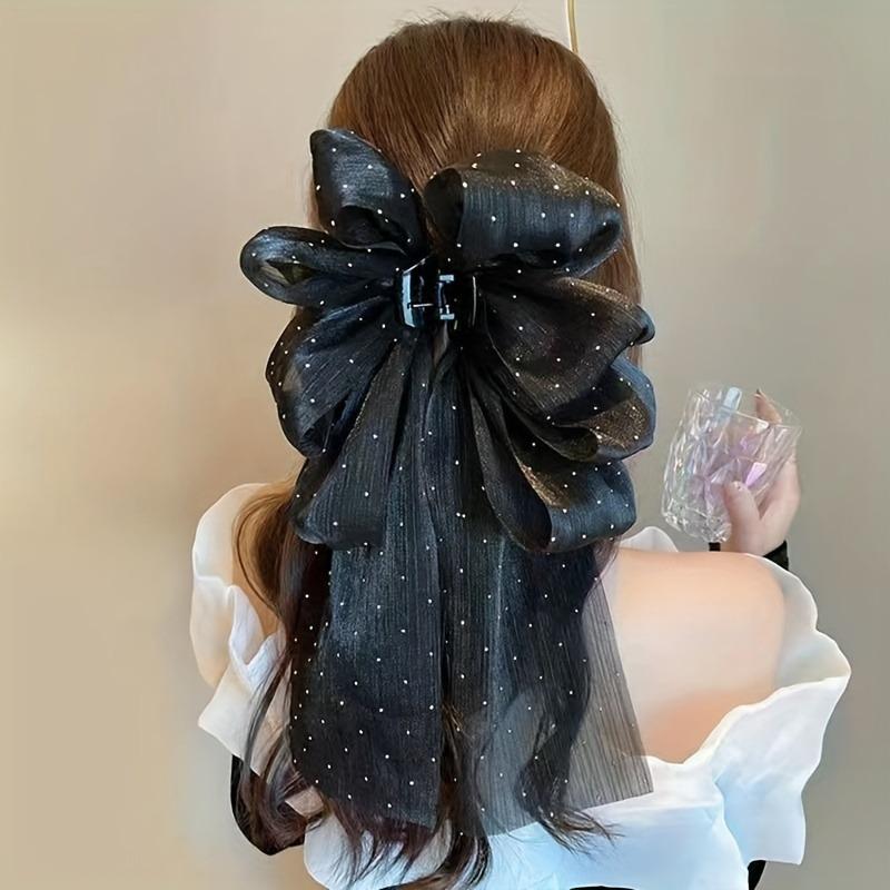 

1Pc Vintage Sparkle Bow Hair Claw Set Four Seasons Suitable Party/Date Mesh with Sparkling Diamond Design for Secure Hair Grip чёрный