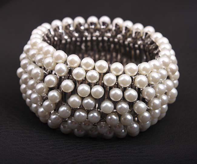 Exaggerated Pearl Metal Elastic Wide Bracelet Bracelet Female Big Brand Accessories