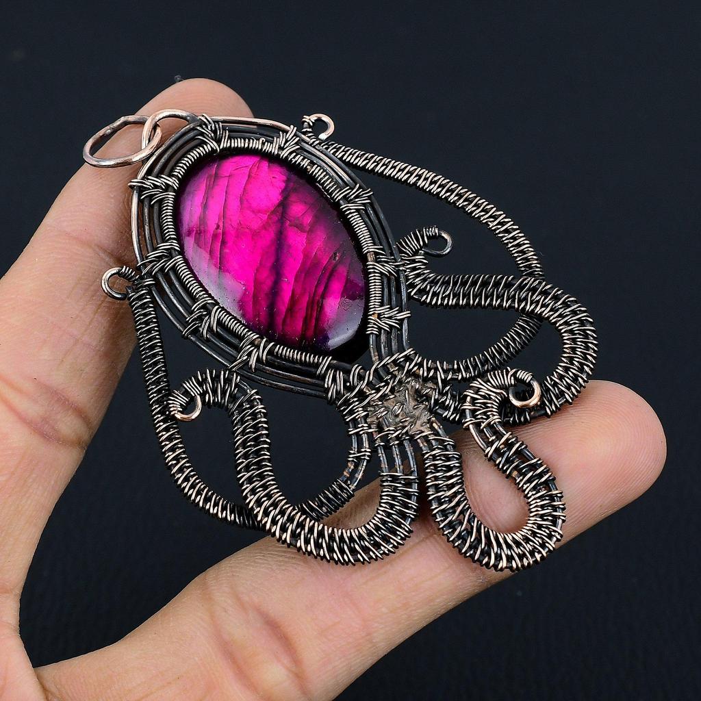 Pink Flash Labradorite 999 Copper Wire Wrapped Jewelry, Handmade Beauteous Gemstone Jewelry Pendant For Women