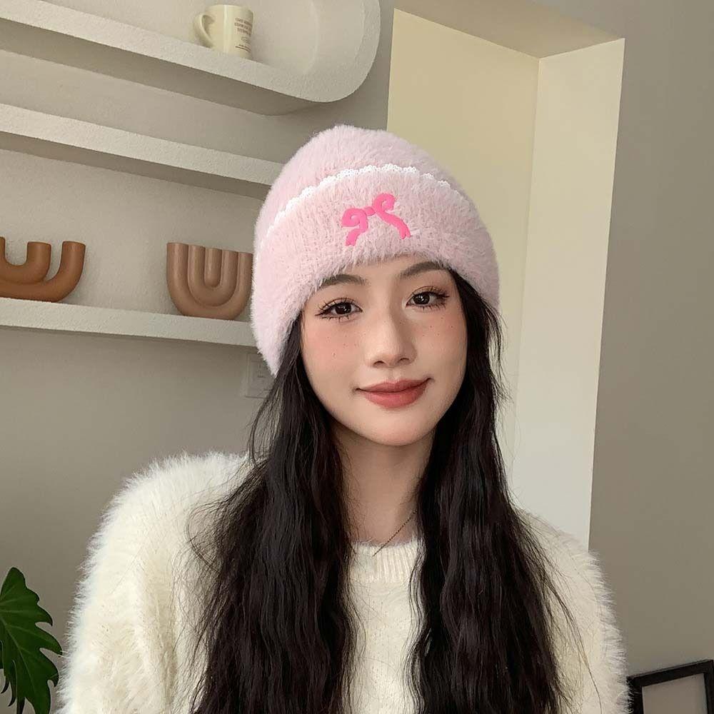 Keep Warm Knitted Pullover Hat Solid Color Ear Protection Cap Fashion Bow Beanies Girls