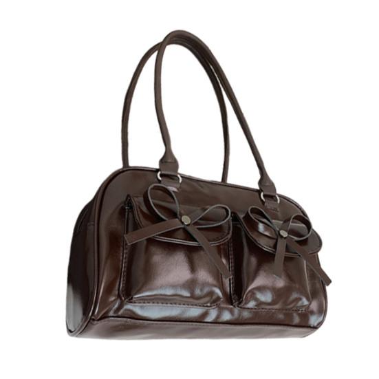 Женская сумка-тоут из искусственной кожи, наплечная сумка с милыми бантиками, водонепроницаемая повседневная сумка для поездок на работу, прогулок по улице, ежедневных дел кофейный