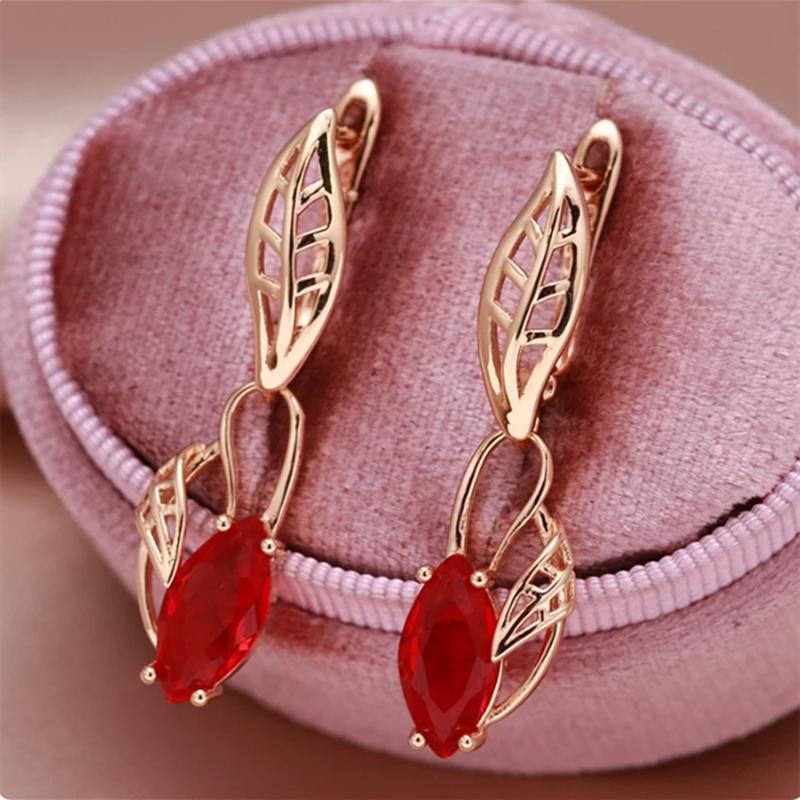 Hollow Leaf Red Zircon Marquise Stone Pendant Hoop Earrings For Women Boho Gold Color Ear Buckle Wedding Jewelry Engagement Gift
