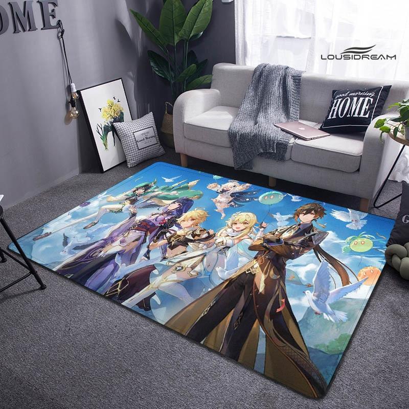 Genshin Spiel Cartoon Druck Teppich Wohnzimmer Schlafzimmer Teppich rutschfeste Fußmatte Kinderspielzimmer Teppich Fotografie Requisiten
