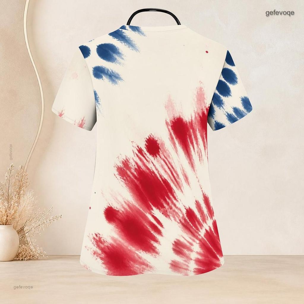 Women Plus Size V Neck Short Sleeve Scrub Top Spiral Tie Dye Patriotic Red White Blue Print Nurse Uniform Top